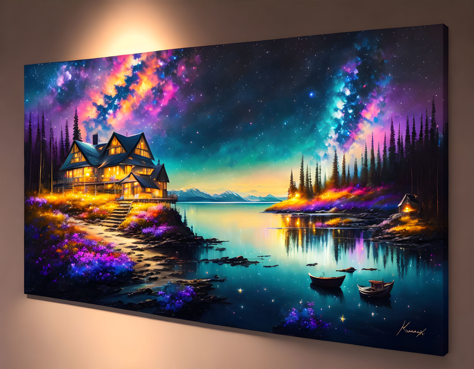 Scenic lakeside cabin painting with starry sky, Northern Lights, glowing flowers