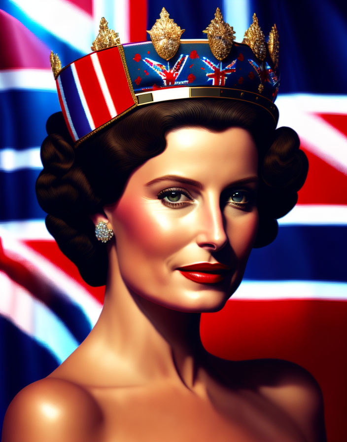 Woman with royal crown and Union Jack backdrop.