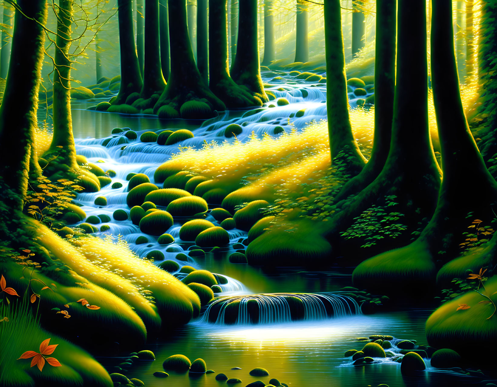 Majestic forest scene with stream and moss-covered stones in blue and golden light