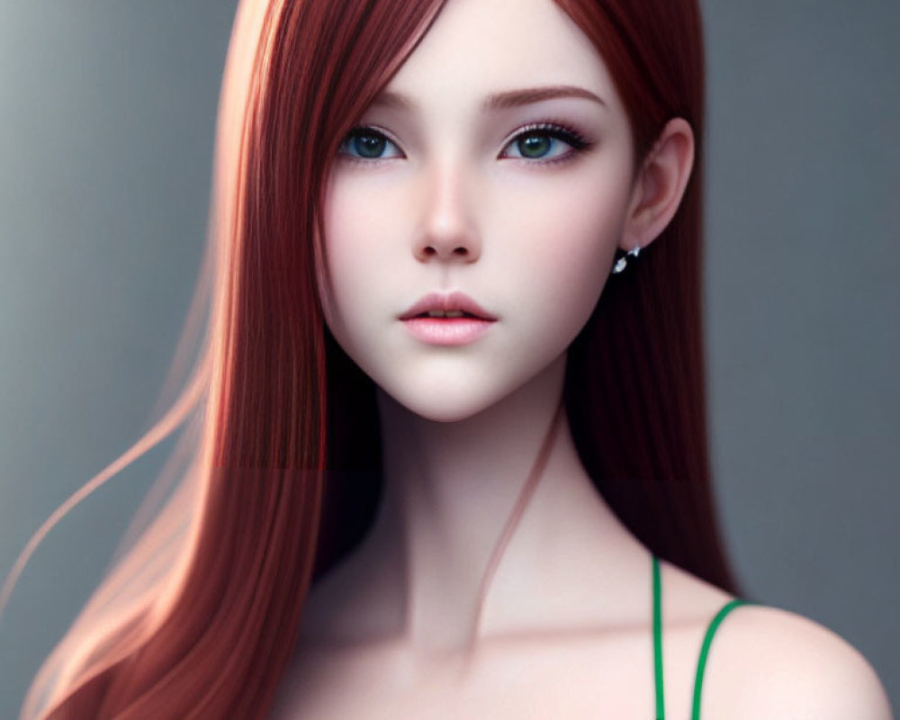 Young woman with red hair, blue eyes, fair skin, and green dress in digital art