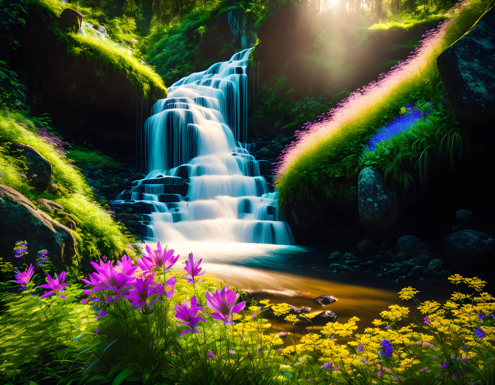 Serene forest waterfall with wildflowers and sunbeams