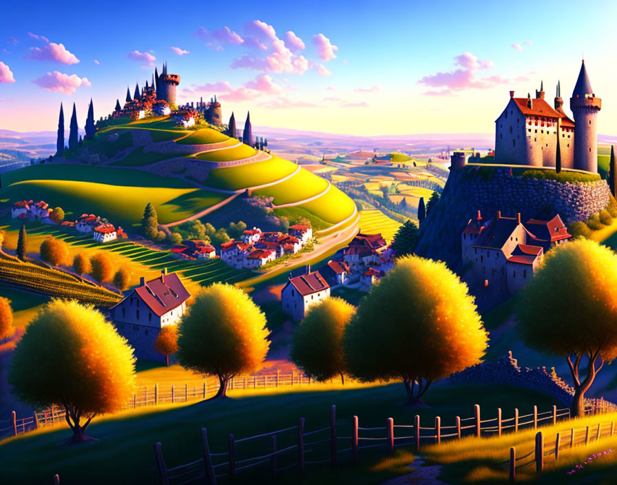 Scenic landscape with rolling hills, village, and castles at golden hour