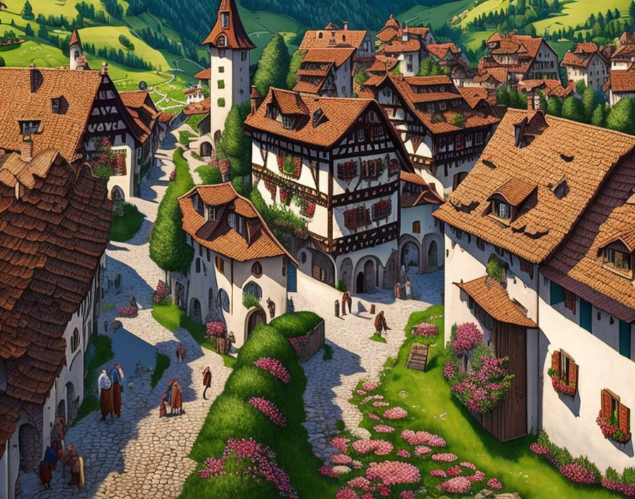 Picturesque village scene with half-timbered houses and cobblestone street