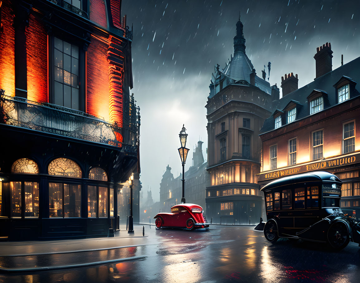 Vintage city street with rainy evening ambiance and classic cars parked.