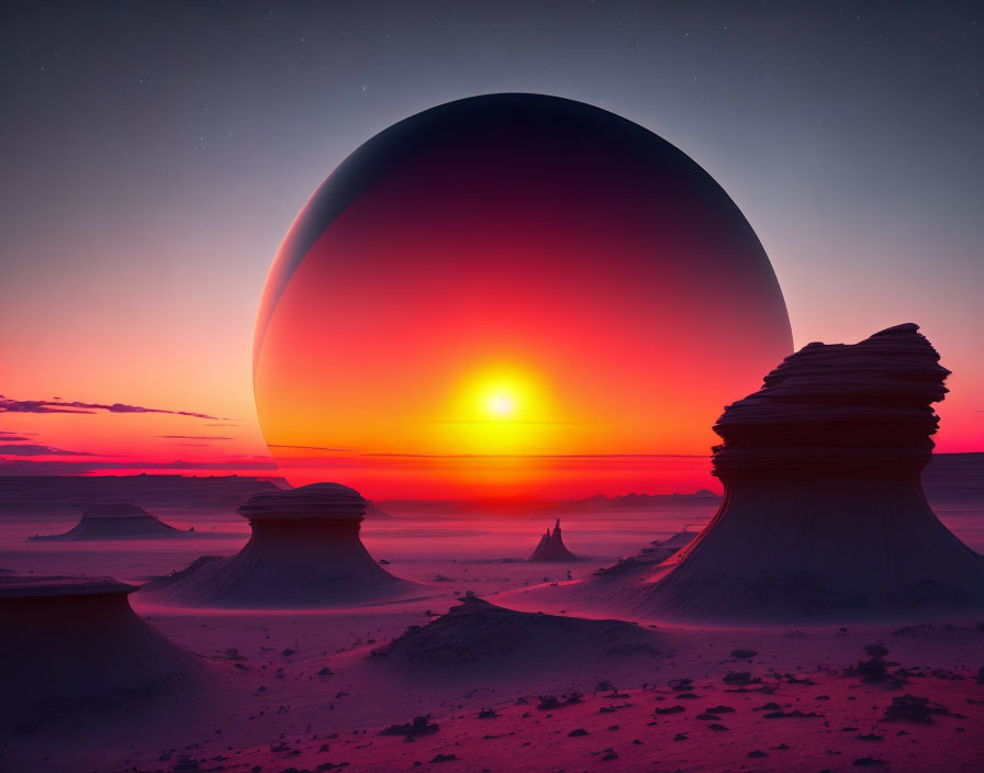 Surreal landscape with rock formations and oversized planet at sunset