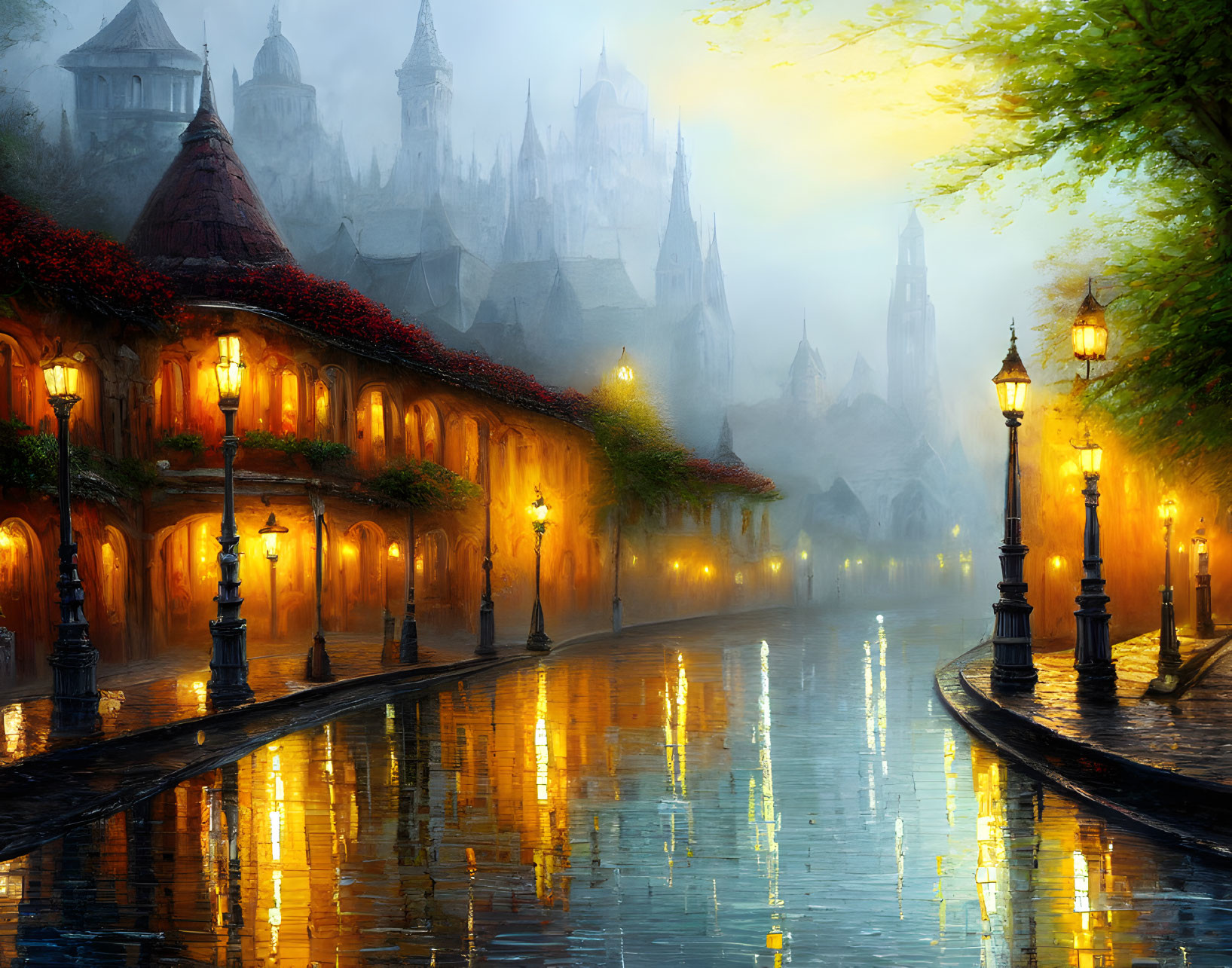 Tranquil Dawn Scene: Misty Cobblestone Street, Glowing Lanterns, Reflective