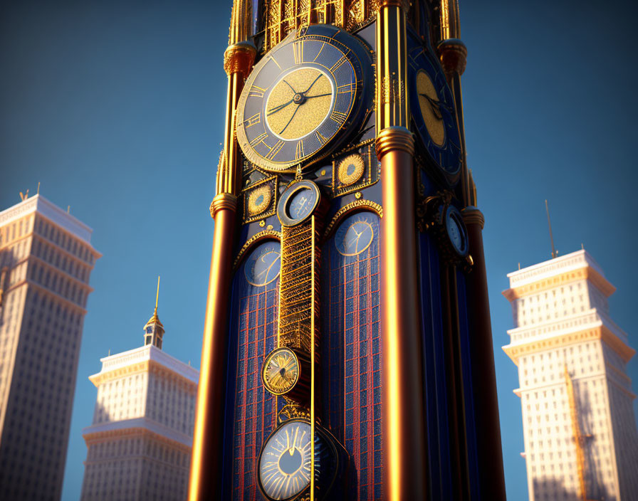 Detailed view of ornate Arabic clock tower against blue sky