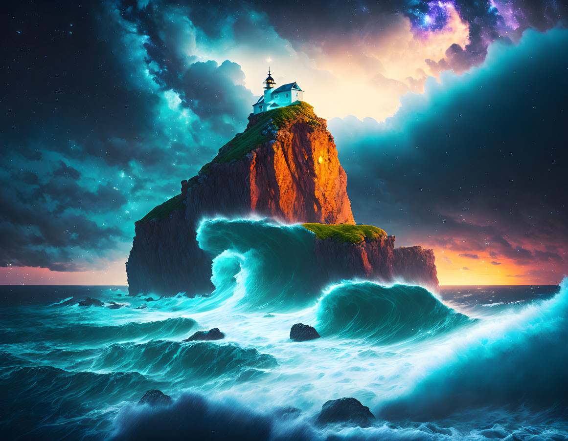 Lighthouse on Cliff Overlooking Swirling Seas at Twilight