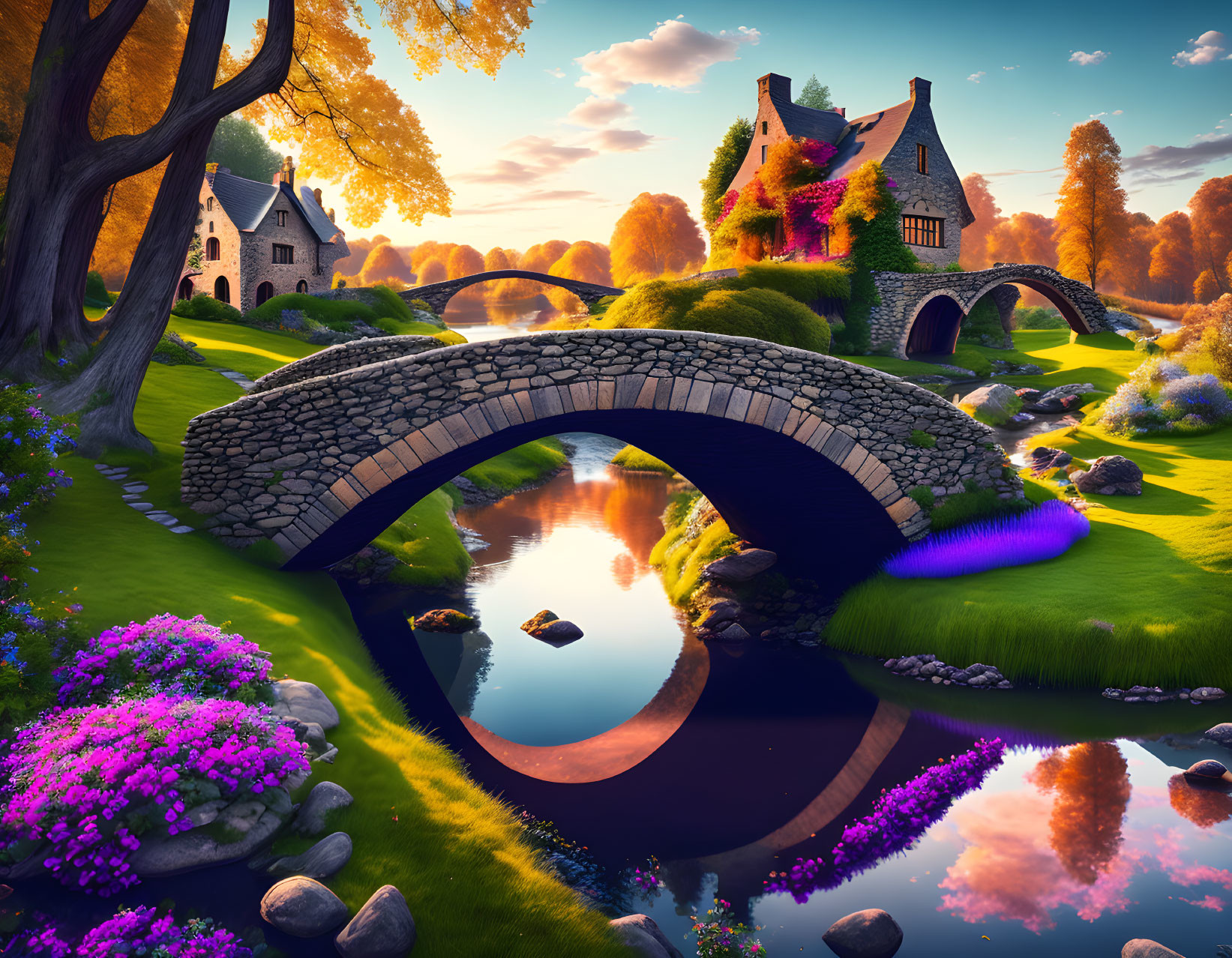 Colorful fantasy landscape with stone bridge, river, flowering plants, whimsical houses, autumn trees,