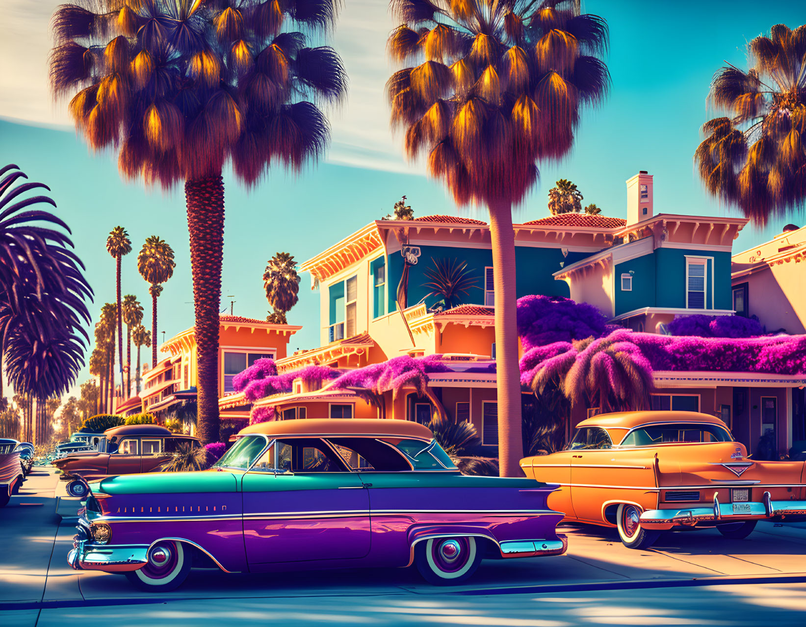 Colorful vintage cars and palm trees in vibrant street scene.