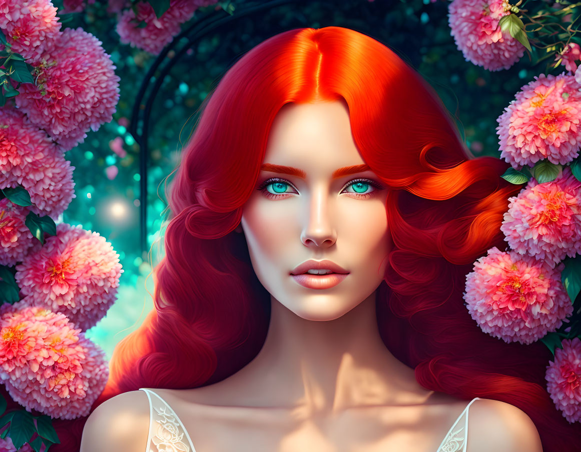 Digital illustration: Woman with red hair and blue eyes in floral setting