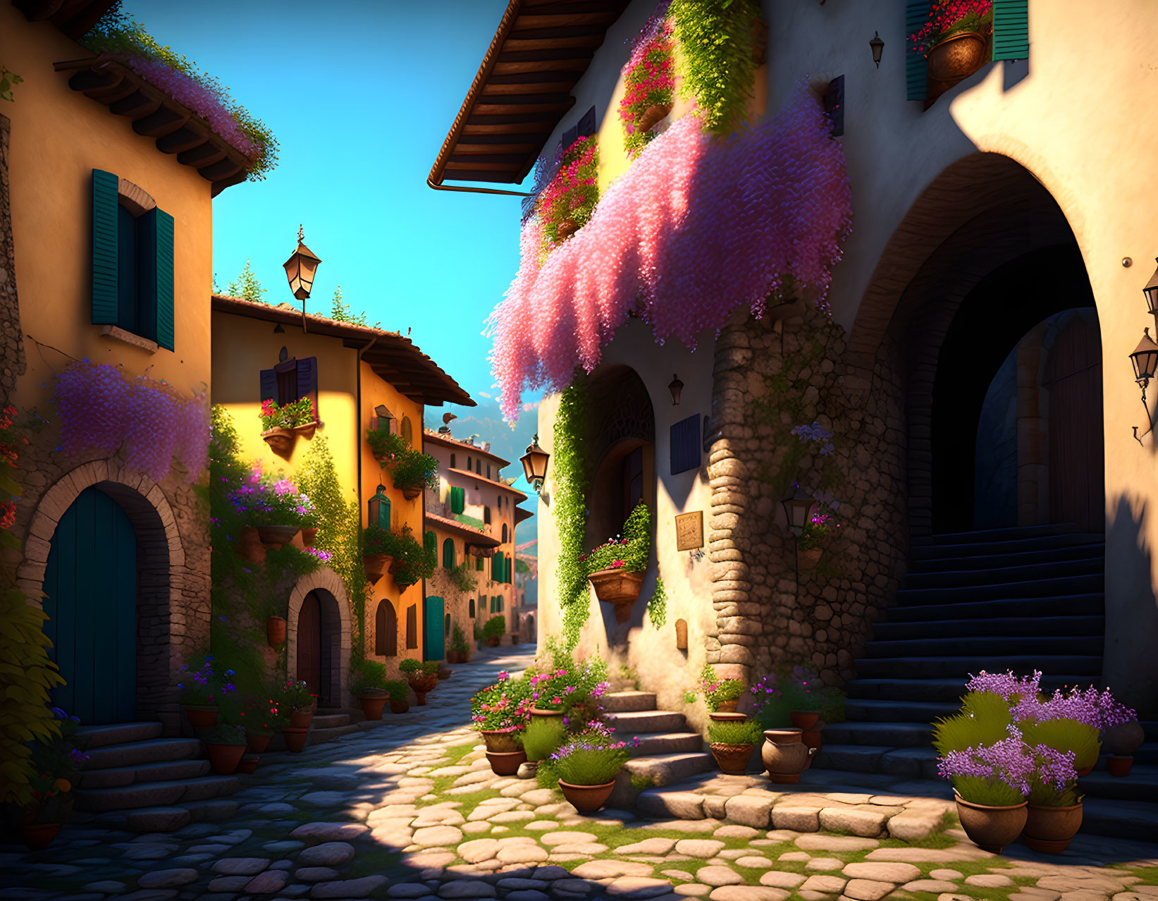 Sunlit cobblestone alley with vibrant vines and potted plants.