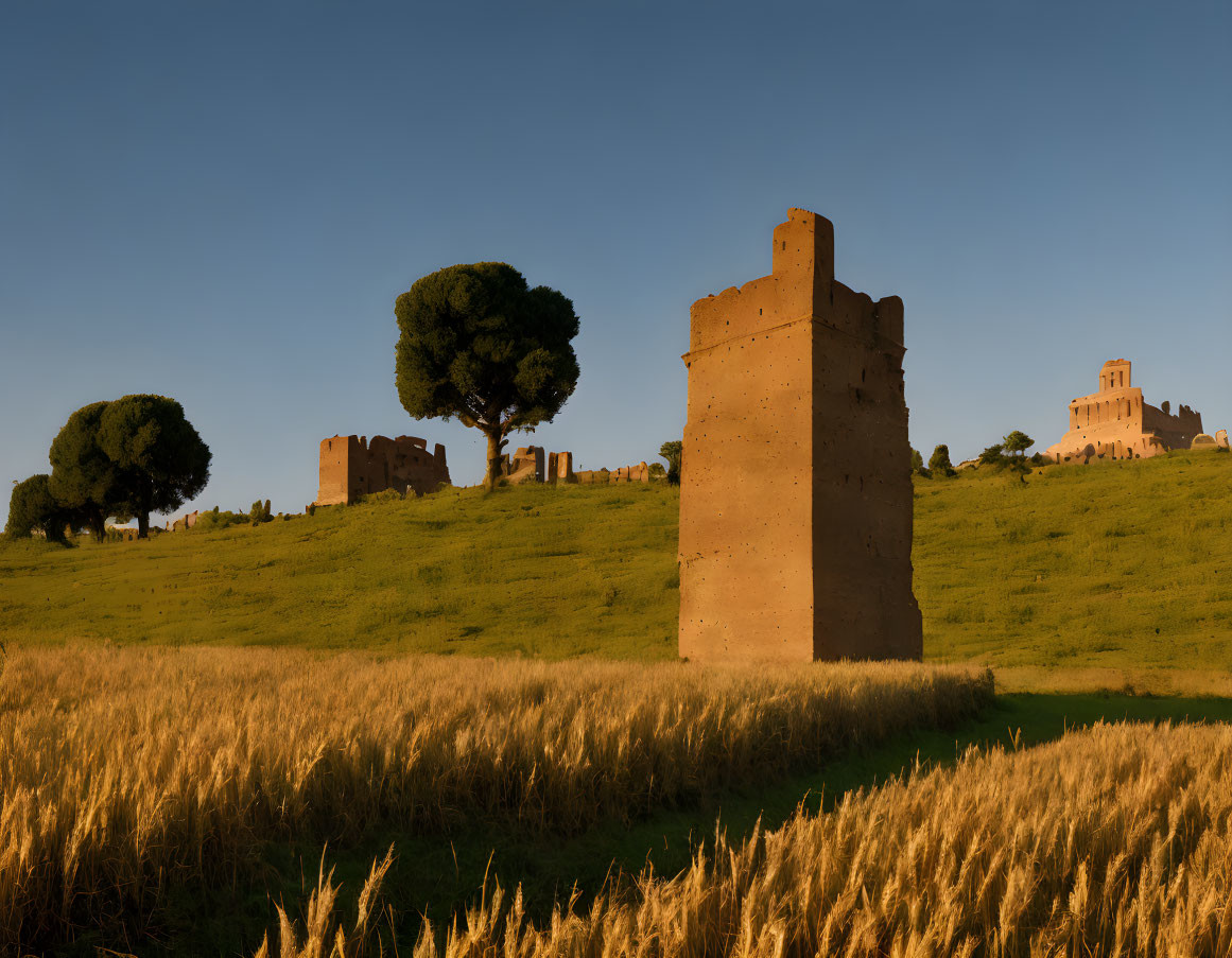 Ancient ruin and trees in golden hour sunlight with long shadows