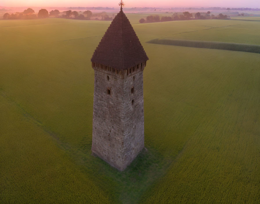 Medieval stone tower in vast fields at dawn