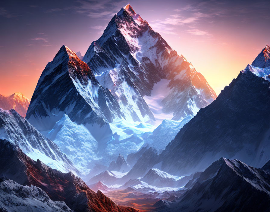 Snow-covered peaks of majestic mountain range at sunrise or sunset