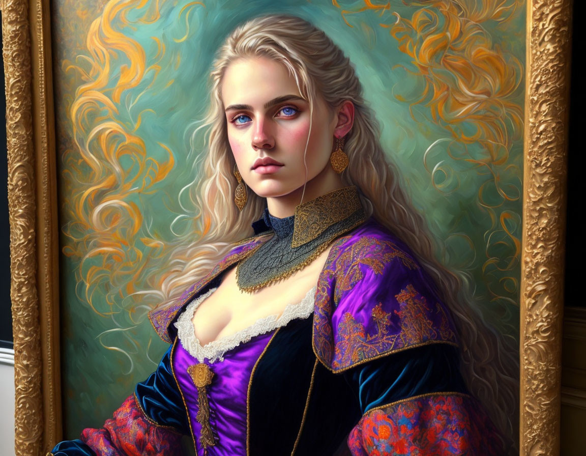 Portrait of Woman with Wavy Blonde Hair in Purple Renaissance Dress