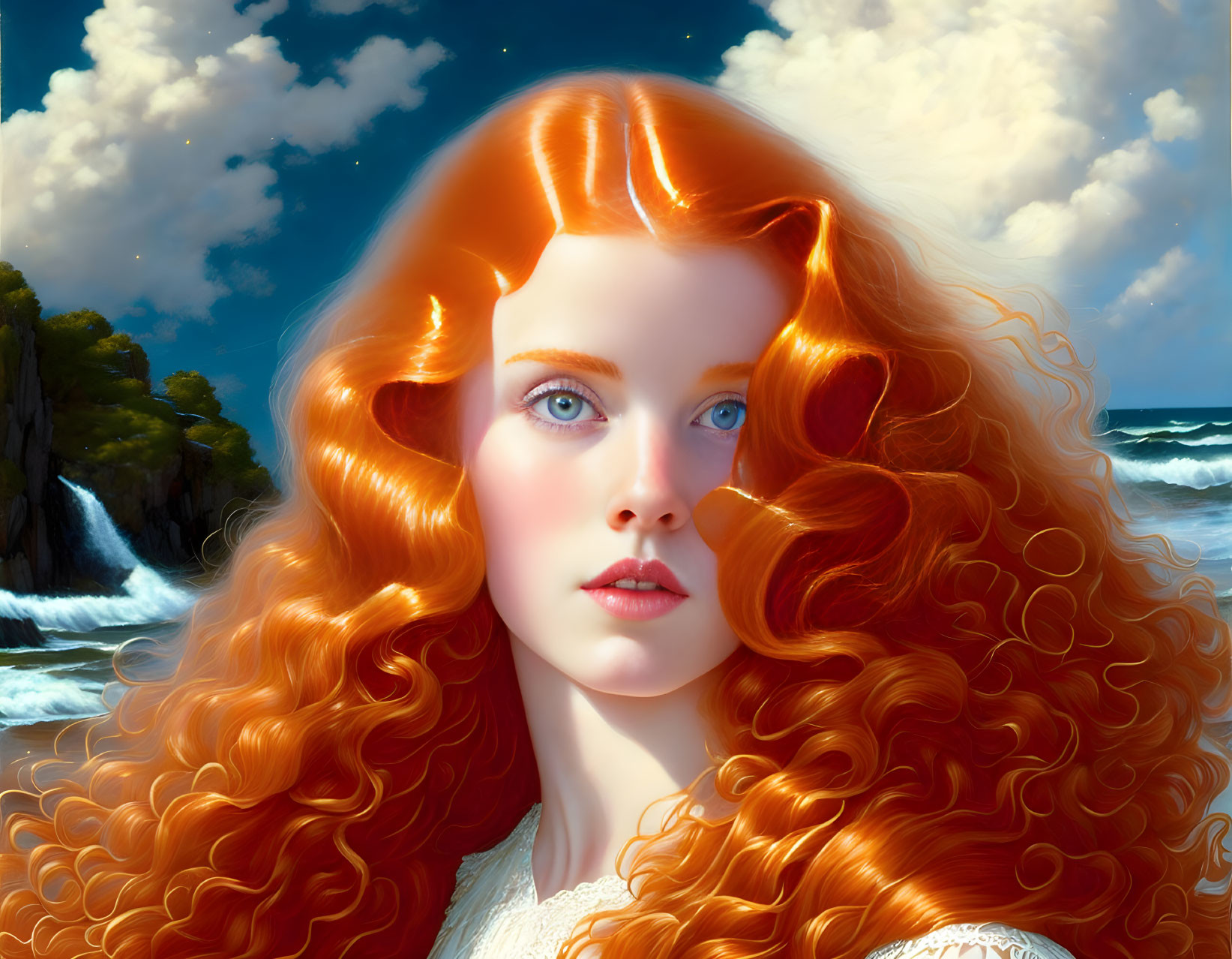 Digital Artwork: Woman with Red Hair & Blue Eyes by Coastal Cliffs