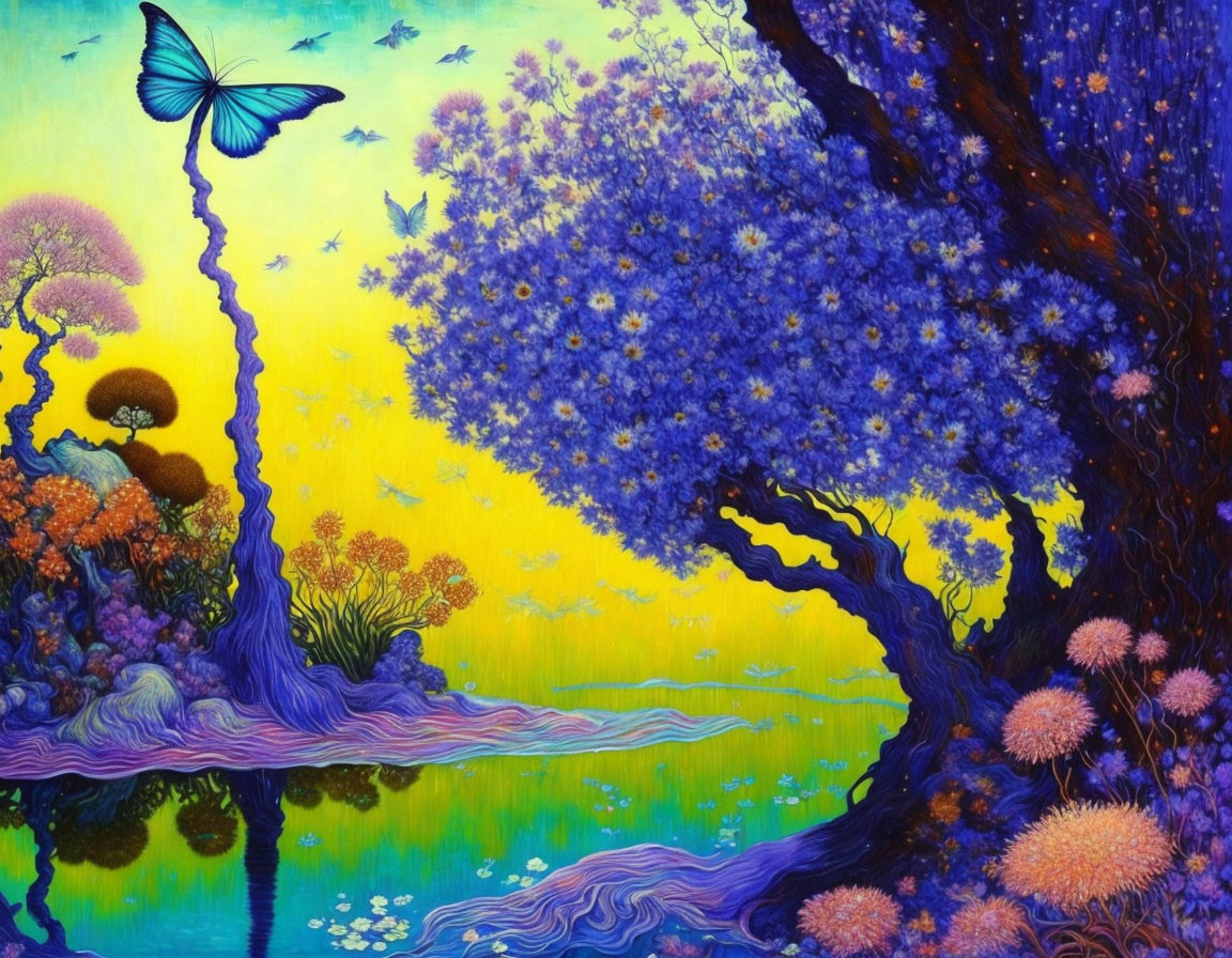 Colorful Fantasy Landscape with Butterfly and Blooming Tree