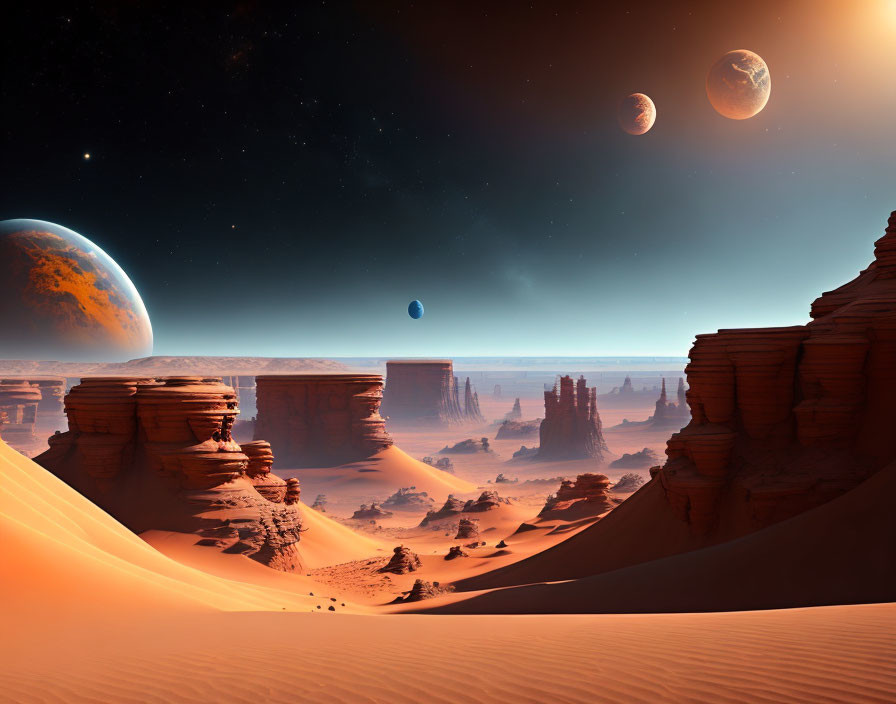 Alien desert landscape with sandstone formations and multiple planets in the sky