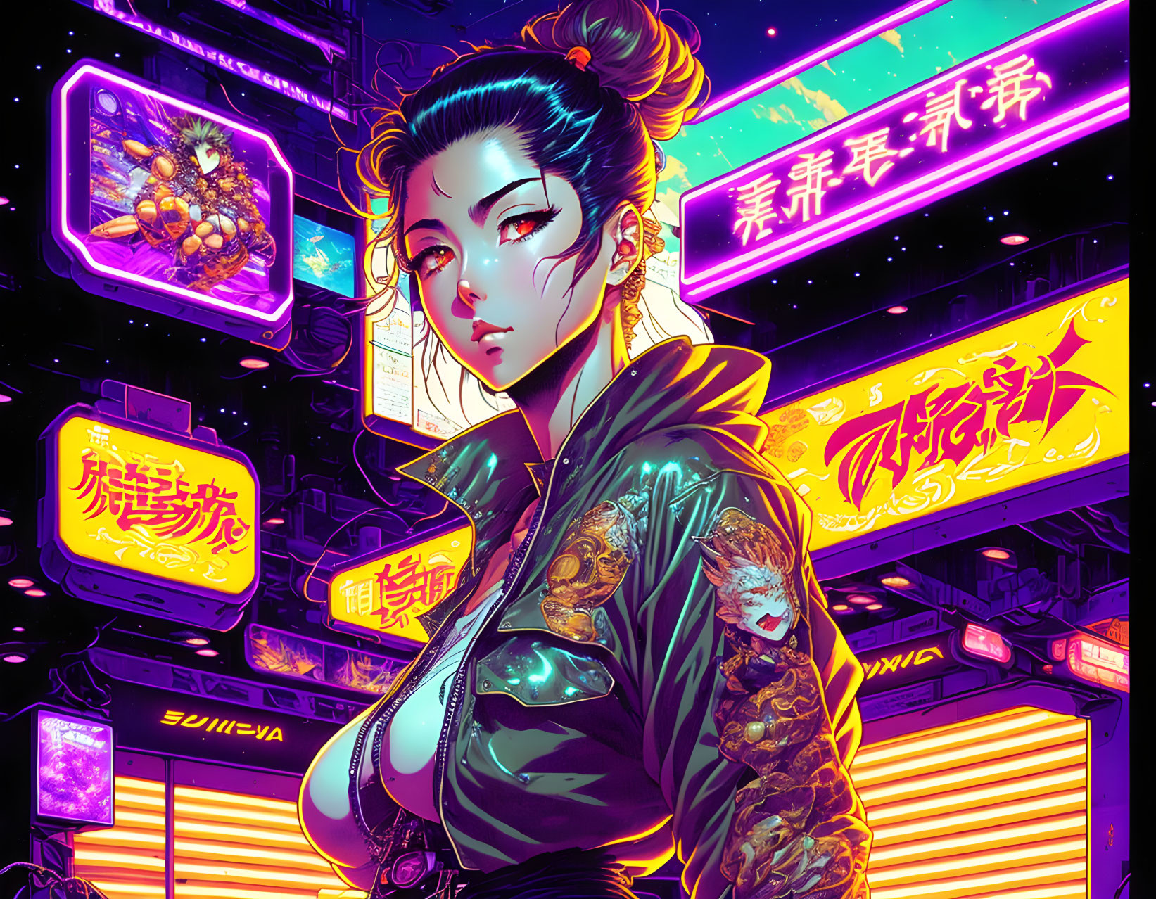 Detailed illustration of woman in neon cityscape with Asian characters