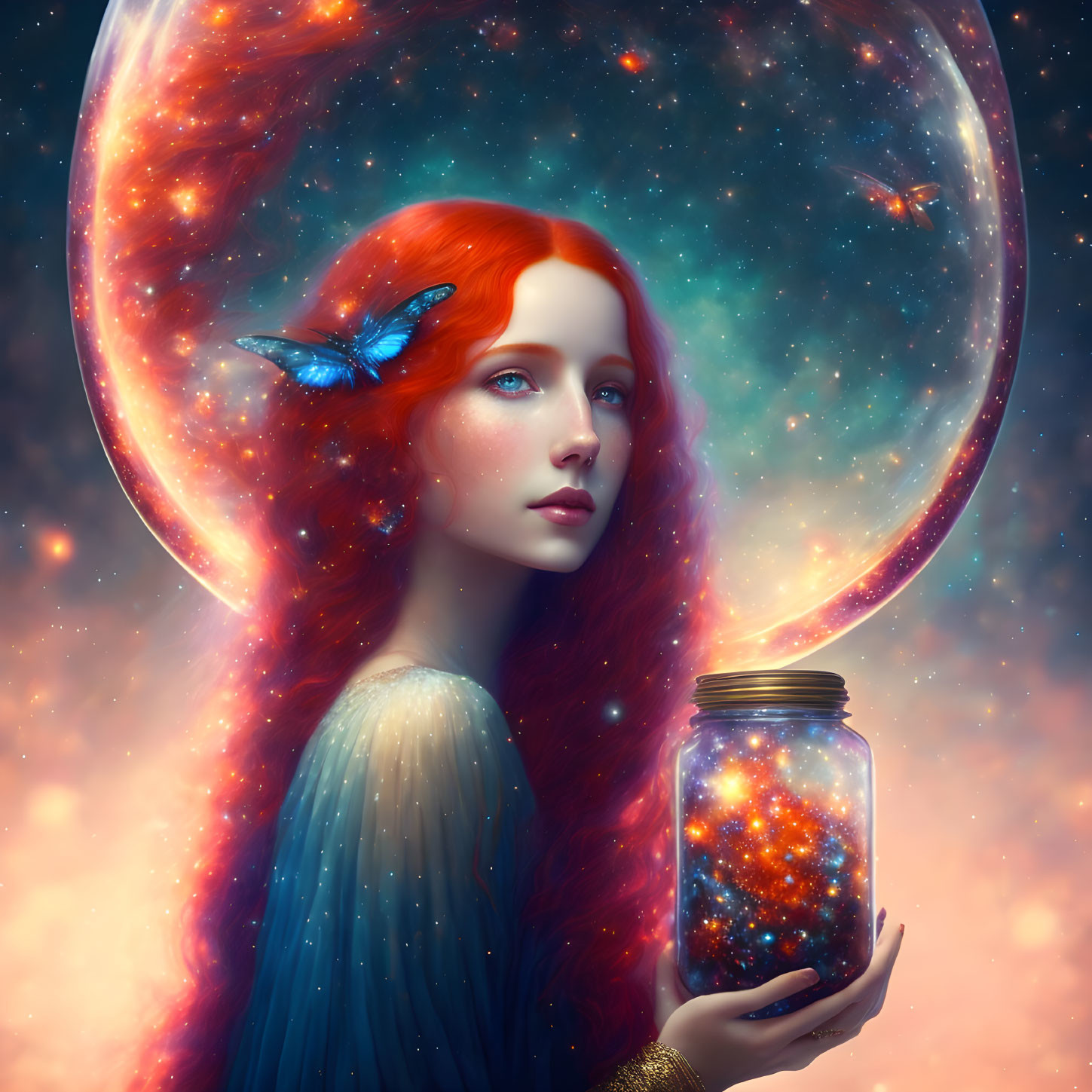 Red-haired woman with butterfly and galaxy jar against cosmic backdrop