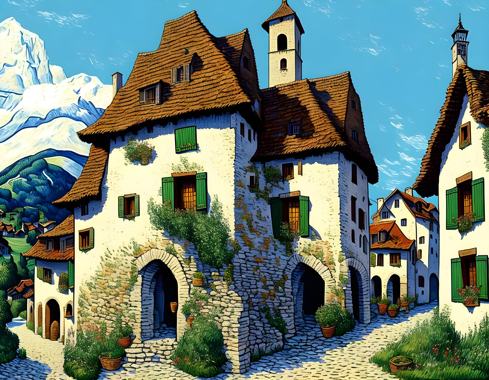 Illustration of Quaint European Village with Snow-Capped Mountains