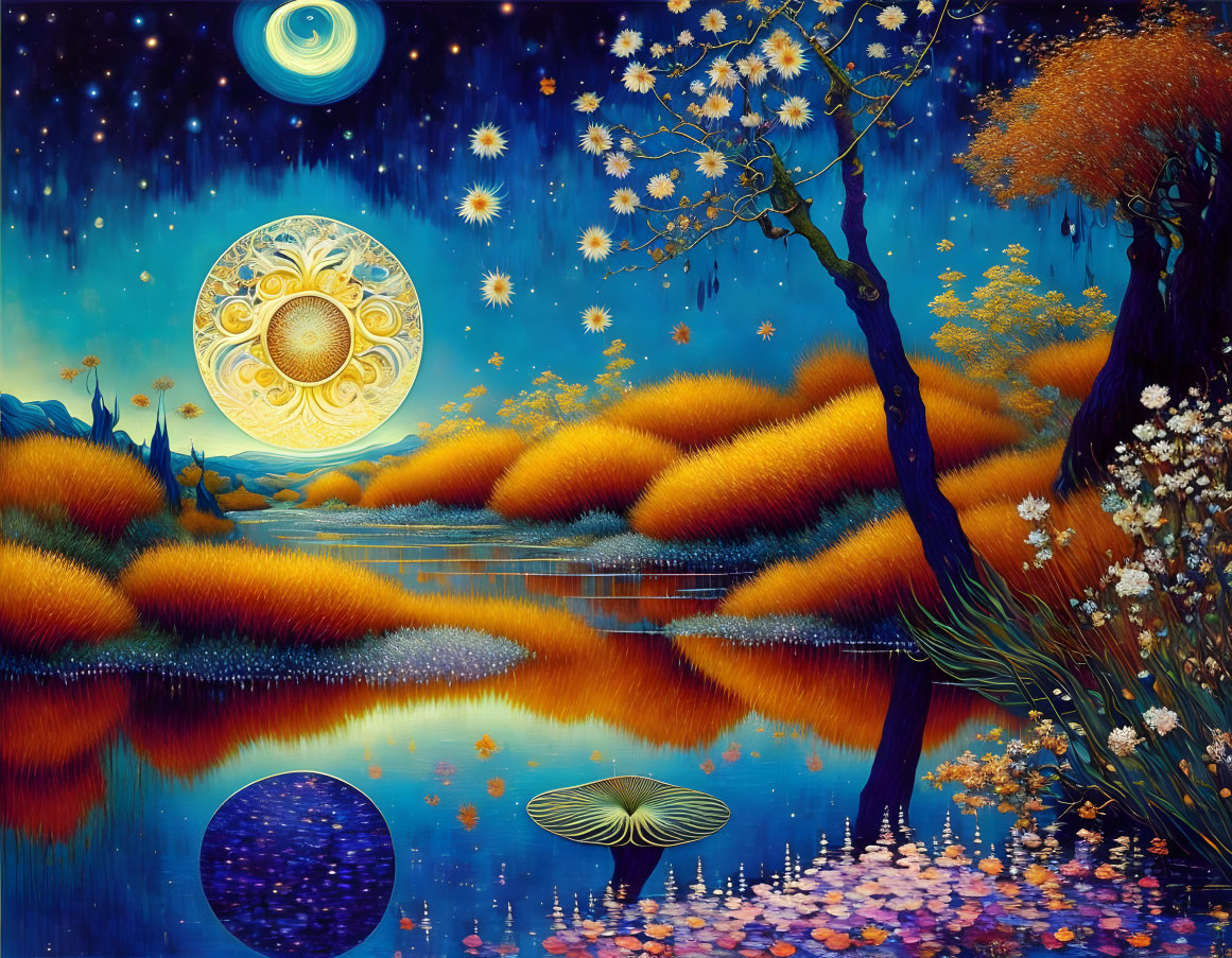 Colorful surreal night sky painting with moon, stars, trees, and lake