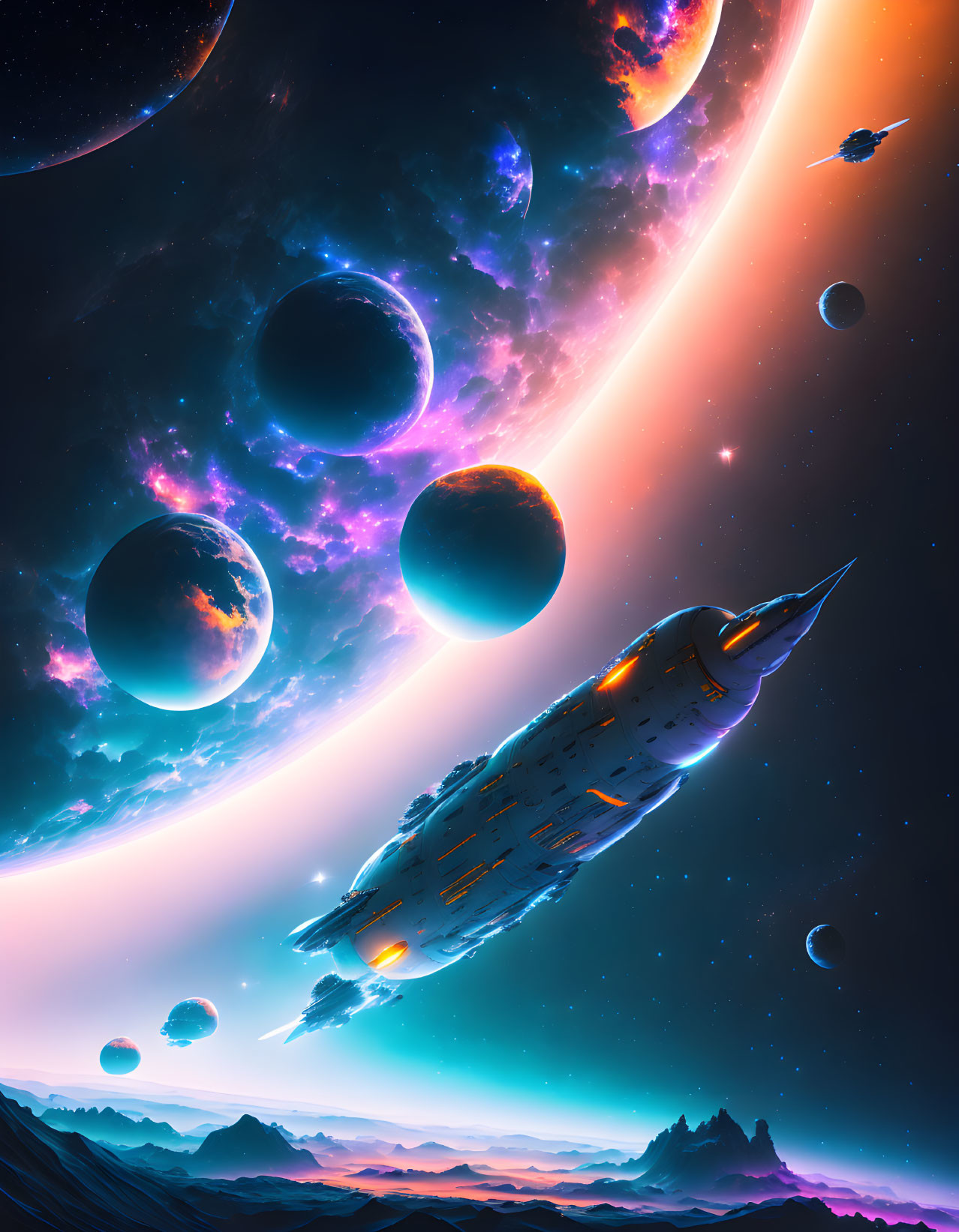 Futuristic spaceship flying among colorful planets in vibrant sci-fi scene