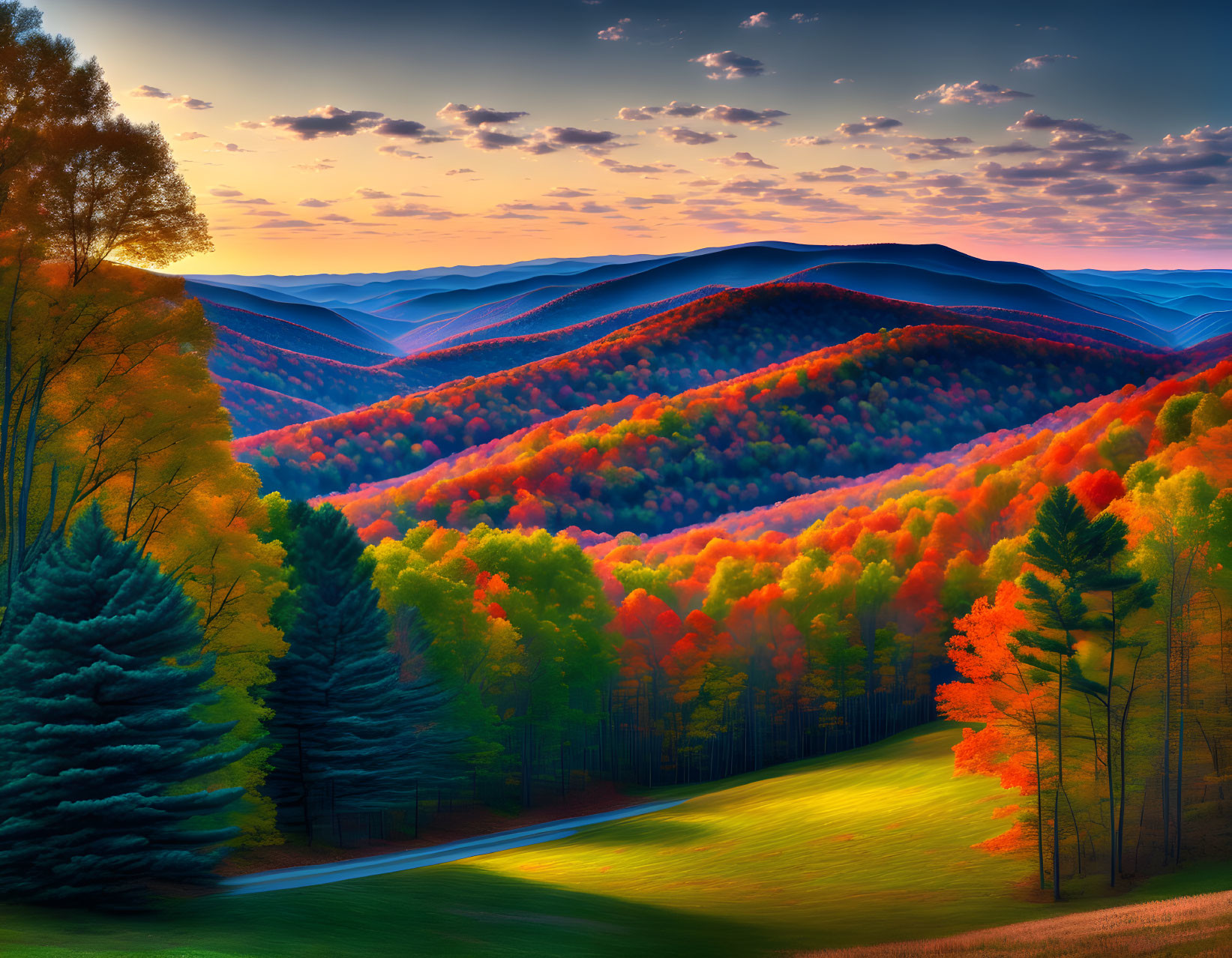 Colorful sunset over autumn landscape with winding road and evergreens