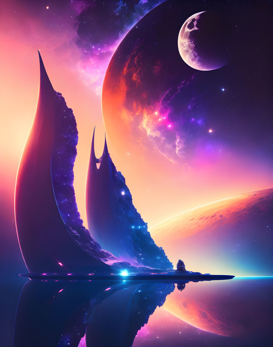 Colorful sci-fi landscape with alien structures, moon, nebulas, and starry sky