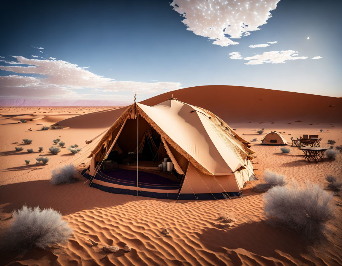 Comfortable Luxury Tent in Vast Desert with Starry Sky