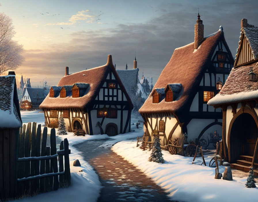 Snow-covered village with half-timbered houses in twilight.