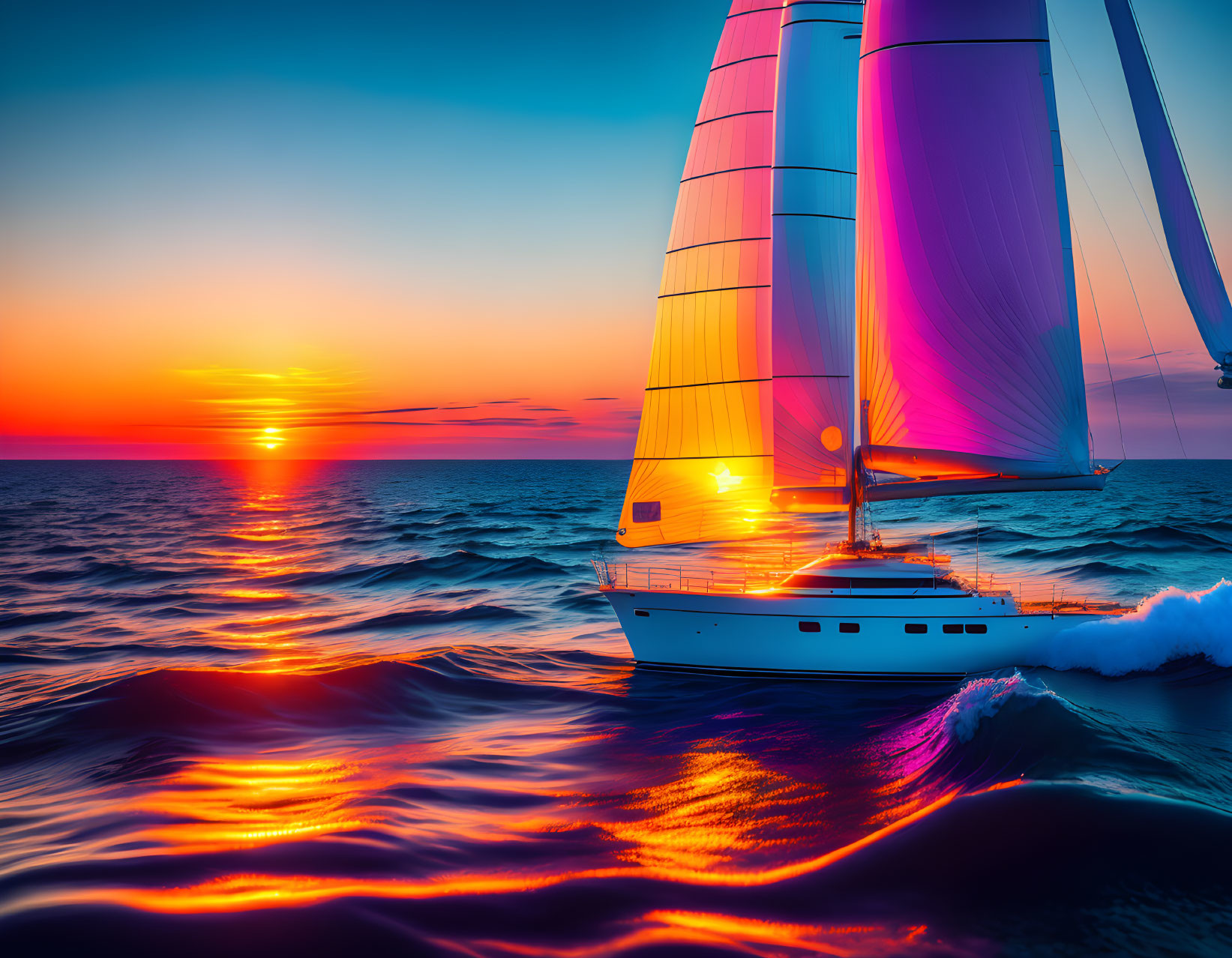 Sailboat on shimmering sea with golden and crimson hues