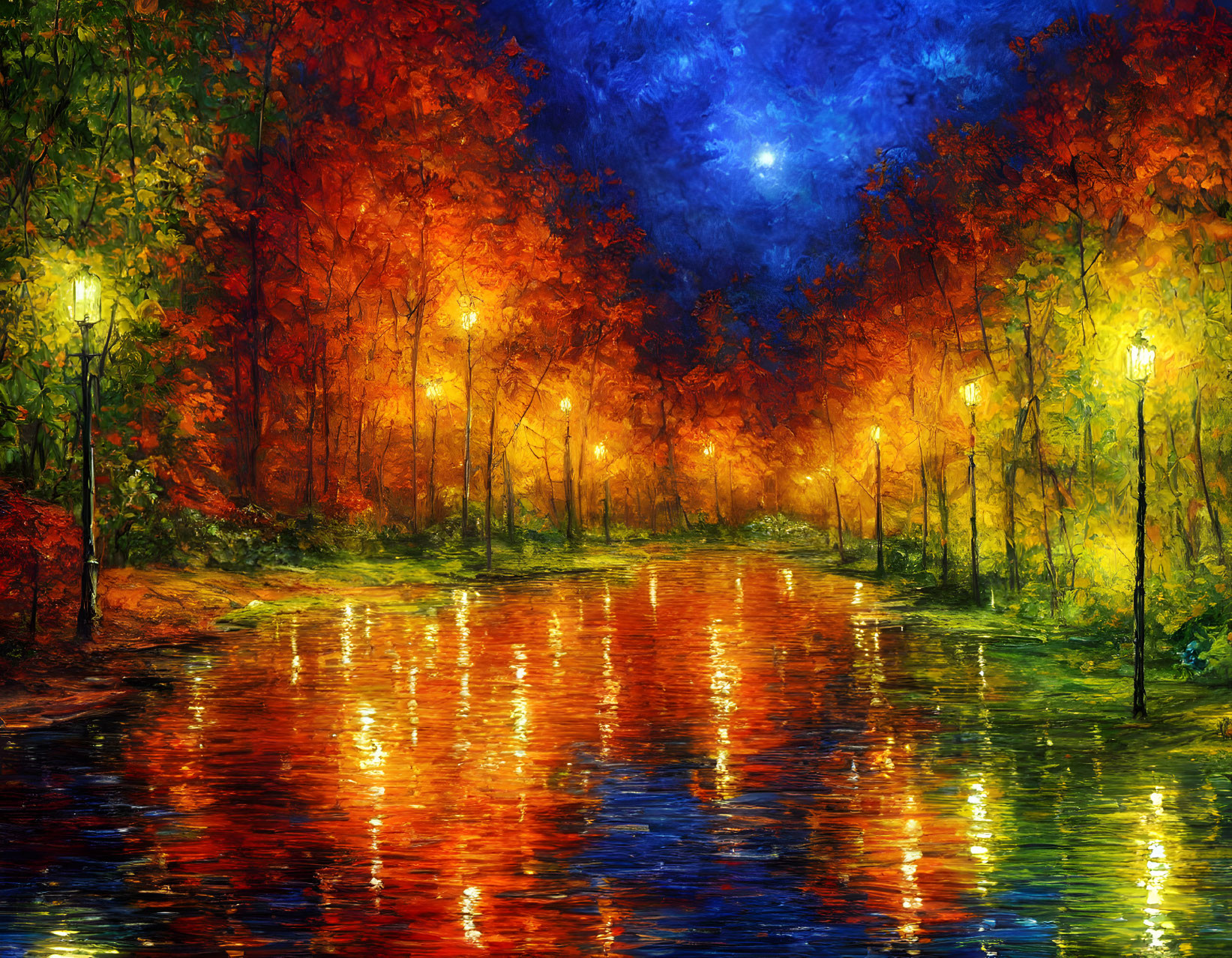 Impressionist-style painting: Tree-lined path, glowing streetlamps, waterlogged street, night