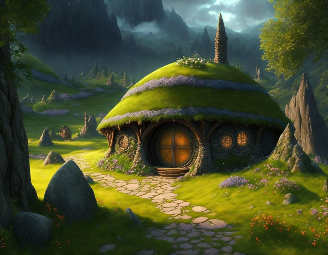 Lush Green Landscape with Hobbit House and Rolling Hills