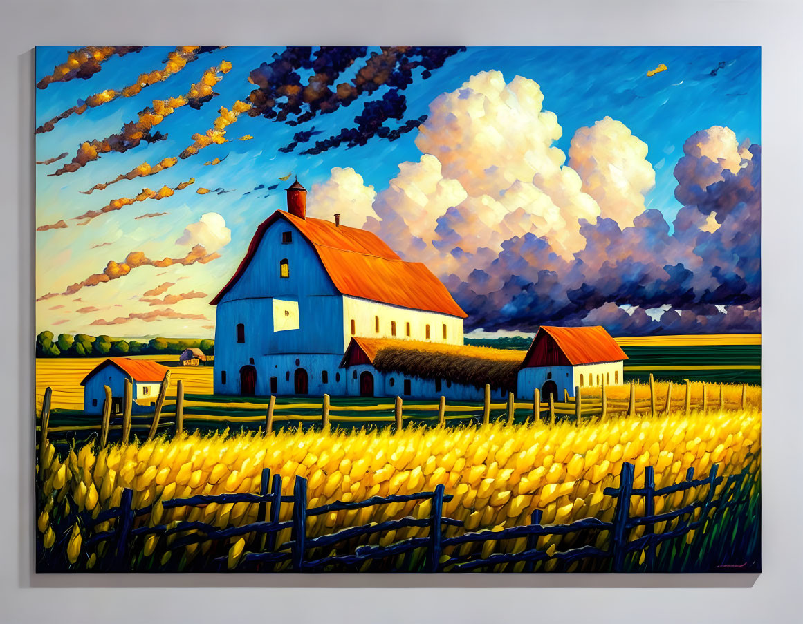 Colorful painting of blue barn in golden field under dynamic sky