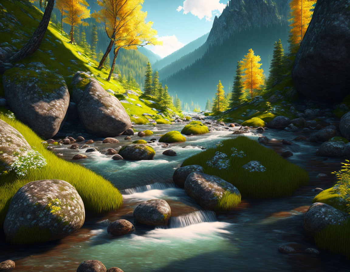 Autumnal forest scene with vibrant mountain stream