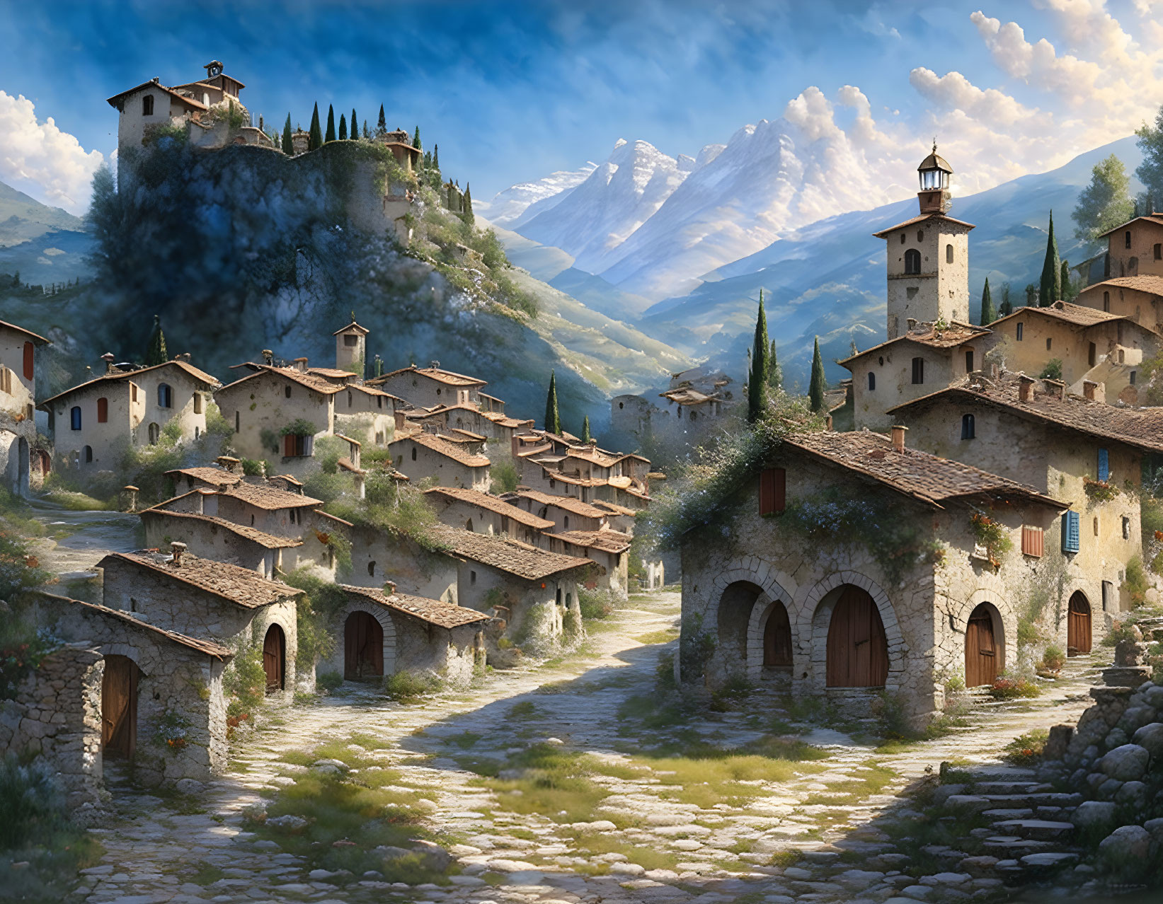 Medieval village with stone houses and mountain backdrop