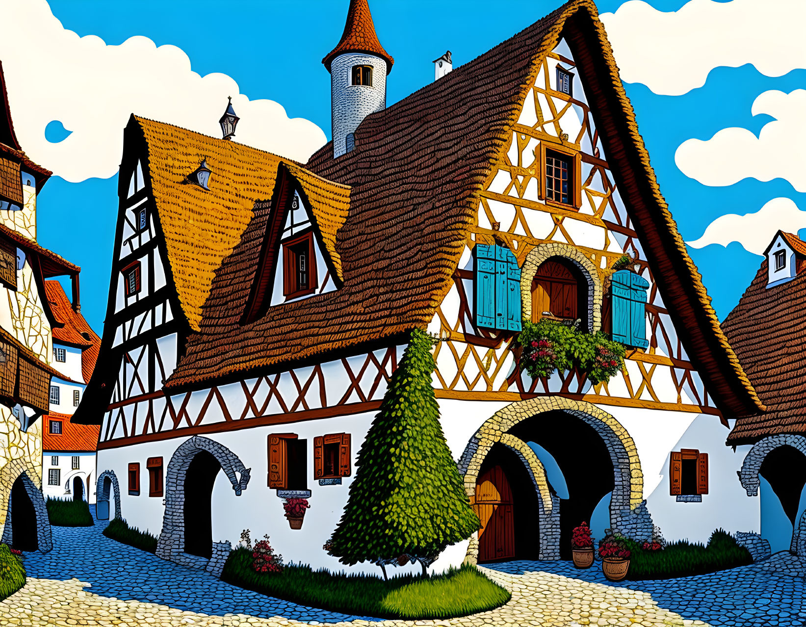 Vibrant European village street scene with half-timbered houses and cobblestone paths