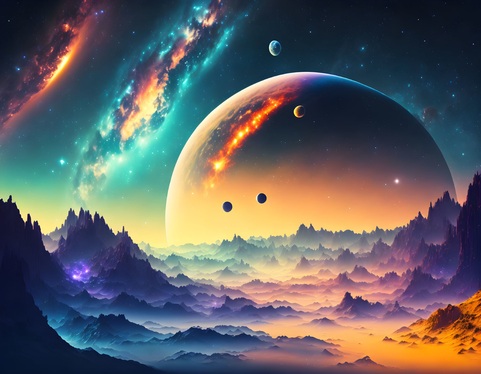 Colorful cosmic scene with celestial bodies over rugged landscape