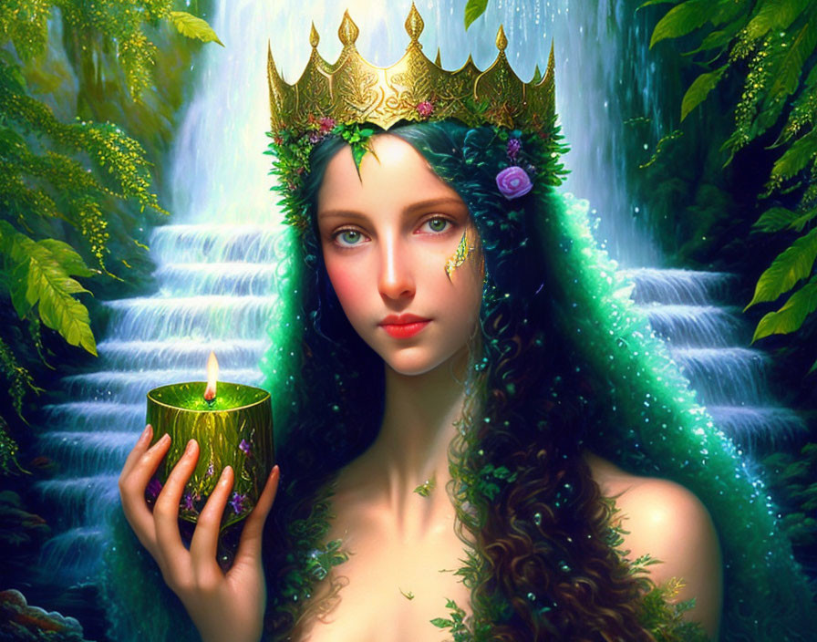 Fantastical portrait of woman with green hair and crown by lush waterfall