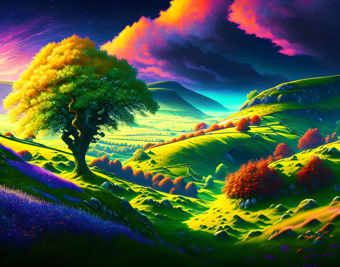 Fantasy landscape with green hills, golden tree, red trees, purple sky