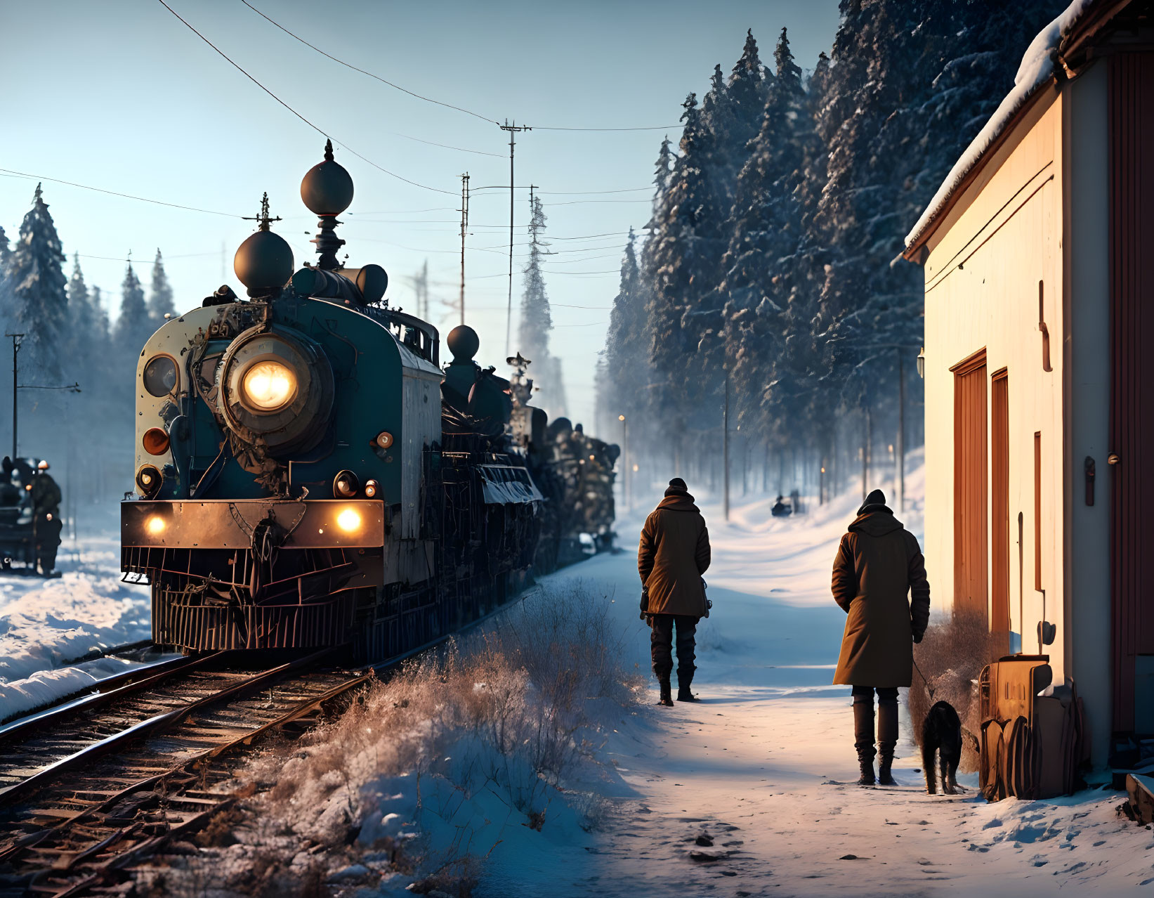 Steam locomotive on snowy tracks with people, dog, and forest landscape