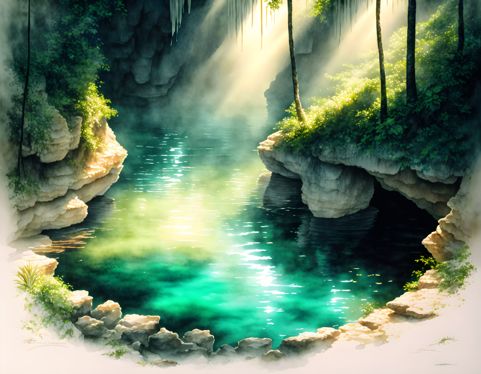 Tranquil hidden lagoon with misty sunbeams and turquoise waters