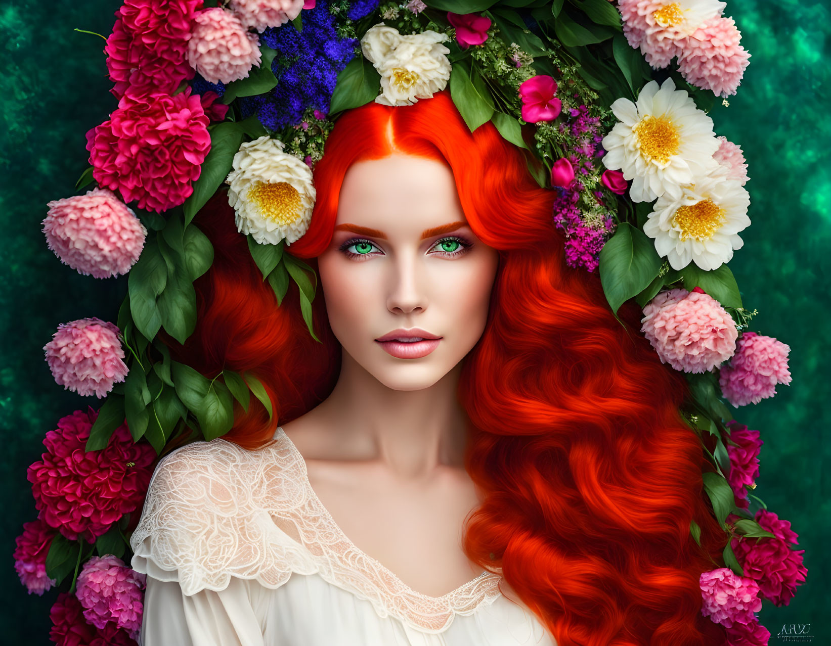 Vibrant red hair woman with green eyes and colorful flowers on green background