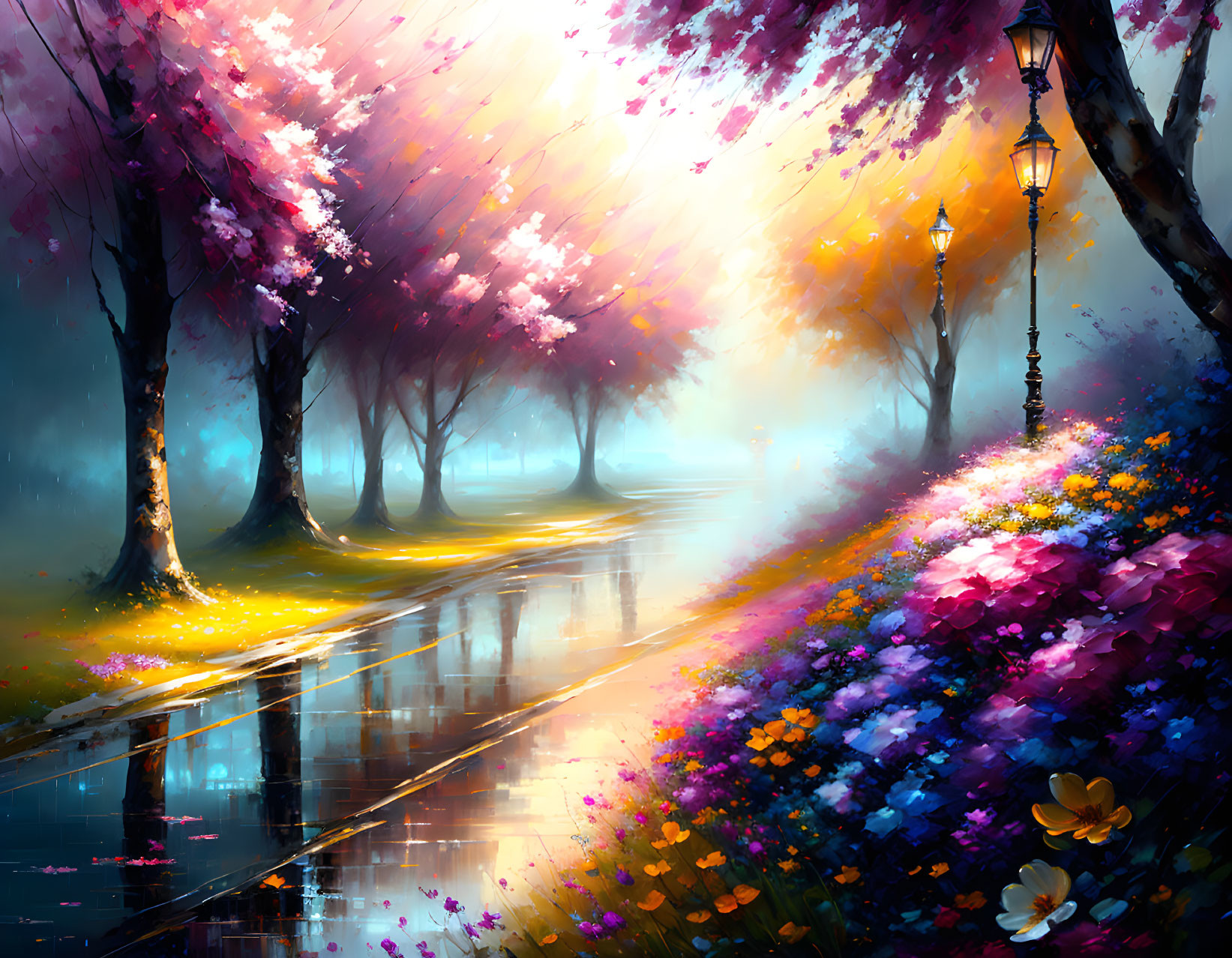 Colorful painting of misty path with blooming flowers and falling petals under a streetlamp