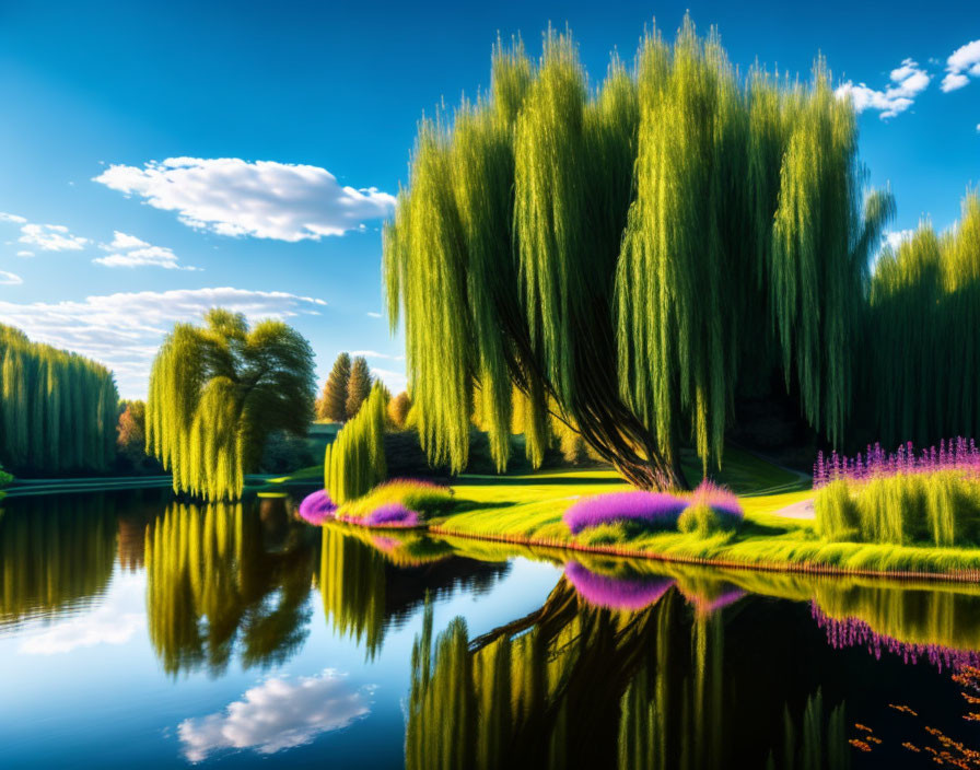 Tranquil lake scene with willow trees, purple flowers, and blue sky