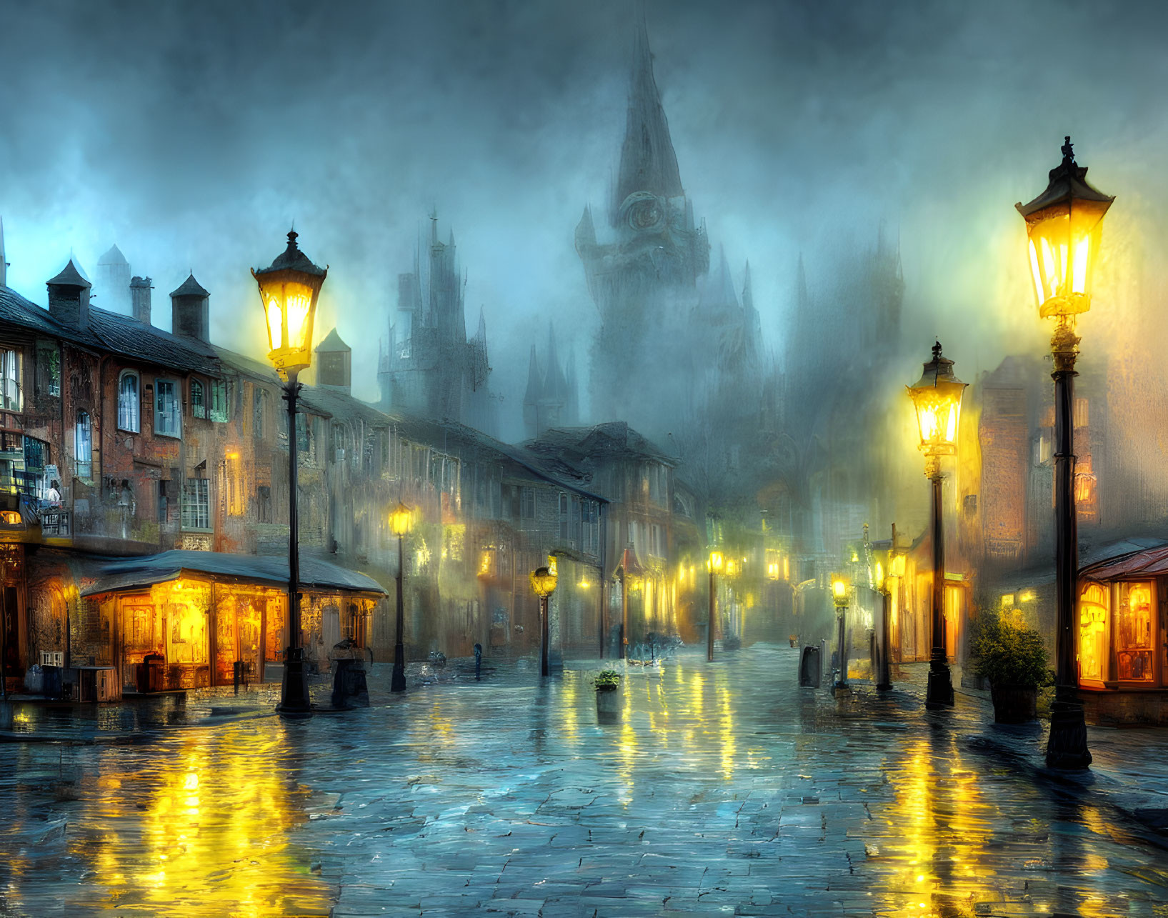 Foggy cobblestone street with glowing lamps and cathedral in warm light