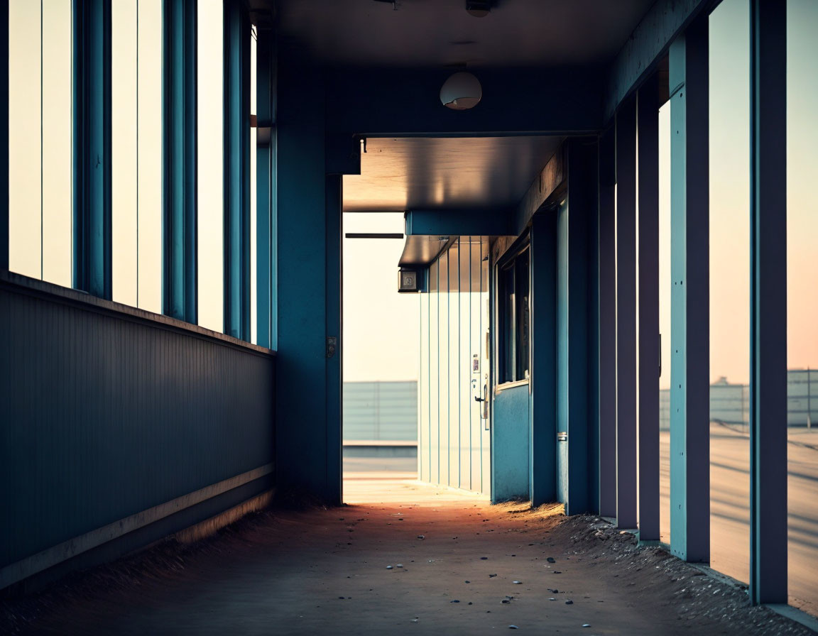 Deserted corridor with blue walls and sunlight streaming in