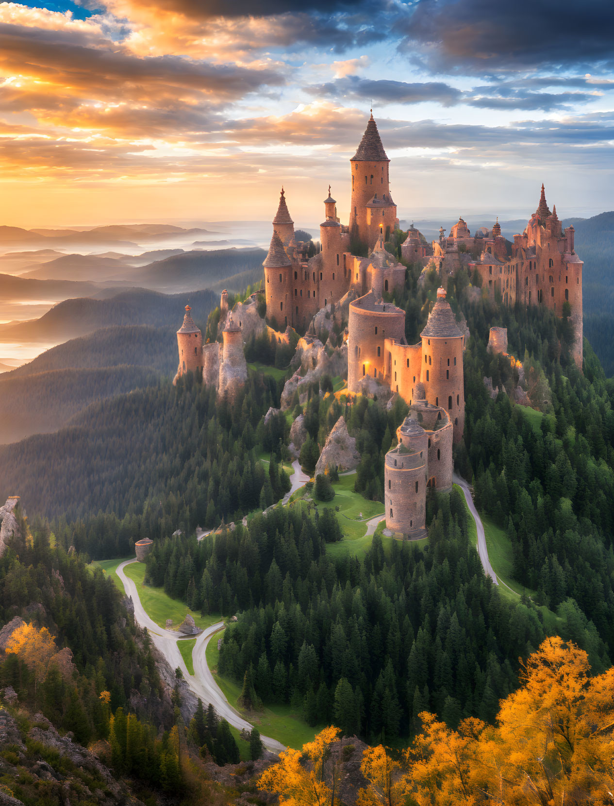 Majestic castle on rocky cliffs in forest under dramatic sunset sky